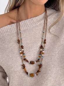 1pc Women's Boho Layered Tiger's Eye Chip Beaded Necklace Turquoise Accent Tassel Sweater Chain Western Retro Fall Jewelry Gift - Multicolor - View 2