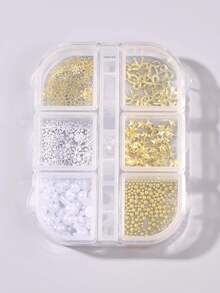 6-Grid Christmas Nail Art Decorations, Gold Star Bow Snowflake Metal Rivets, White Pearl & Gold Micro Beads, Winter Holiday DIY Nail Decor - Multicolor - View 8