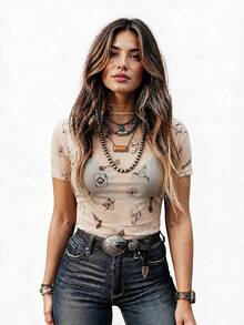 Acelitt Women's Summer Wheat Color Western Cowboy Style Mesh Printed Fitted Casual Short Sleeve Top - Multicolor - View 1
