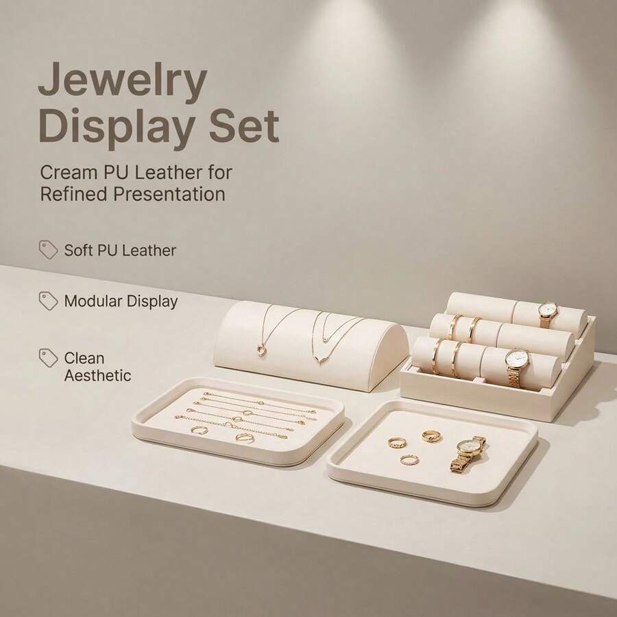 4件組奶油色PU皮革珠寶展示套組，項鍊展示架、6格手錶與手鍊收納架、長方形與正方形珠寶托盤，精品櫃檯珠寶展示道具，產品攝影適用，理想生日與節日禮物