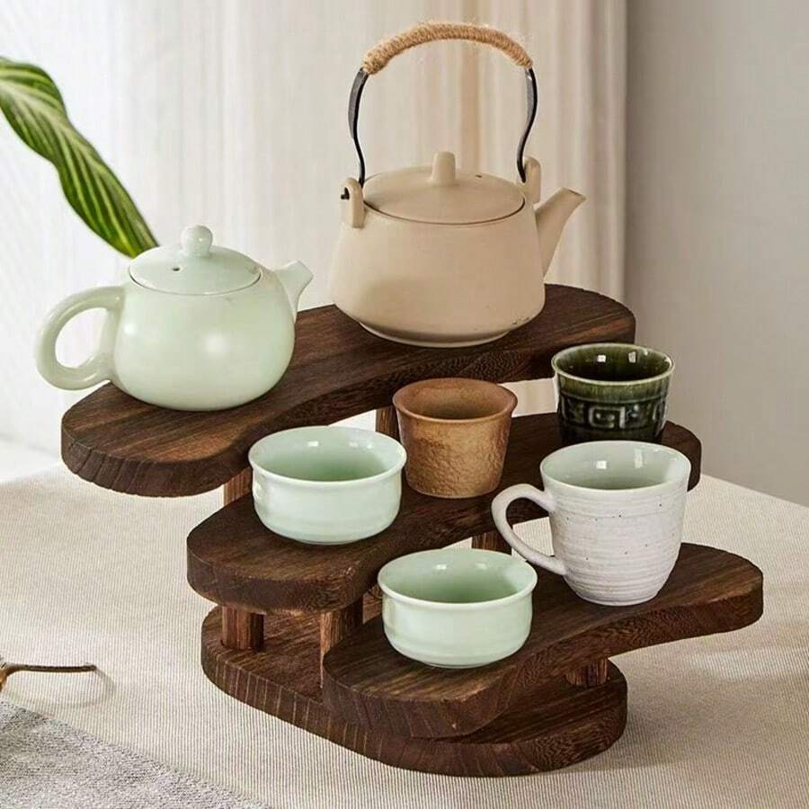 1pc Vintage Carbonized Wooden 3-Tier Desktop Storage Rack, Vertical Shelf, Jewelry Display Stand, Wooden Tray Holder, Wooden Tray, Cosmetics Perfume Accessories Display Rack, Tea Storage Rack, Suitable For Restaurant, Kitchen, Hotel, Home Storage - View 1