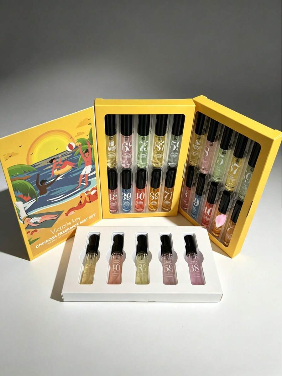 20/10/5/1 Pc Set Mini Fragrance Spray Gift Set, Travel Size Samples, Multi-Color Bottles, Long-Lasting Fresh Fragrance, Tropical Beach Themed Packaging, Portable Body Mist Suitable For Summer Vacation And Luxury Gifts