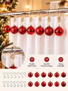 OBOVAY 24Pcs Christmas Red Ball Shower Curtain Hooks Set, Decorative Xmas Shower Curtain Rings, Christmas Bathroom Decor, Winter Home Decor, Christmas Tree Hanging Ornaments,Smooth Sliding Design, Fit Most Shower Curtain Rods, Easy To Install And Remove. - Multicolor - View 2