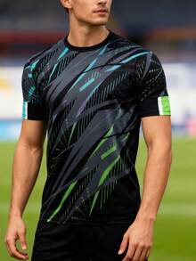 Men's Abstract Geometric Print Sports T-Shirt, Short Sleeve Crew Neck, Black And Green Pattern, Athletic Style T-Shirt - Black - View 4