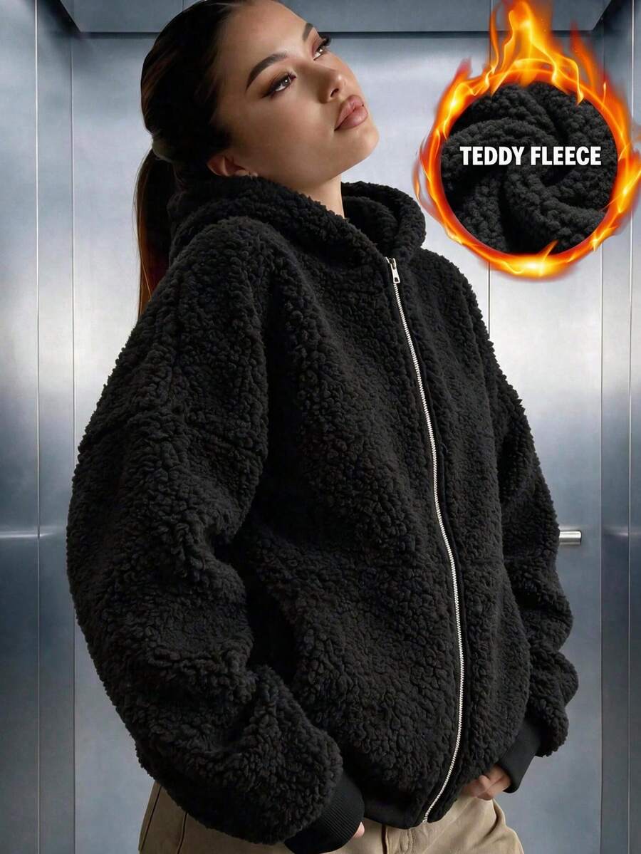 Women's Casual Fleece Plush Zip-Up Sweatshirt, Loose Oversized Long Sleeve, Suitable For Daily Wear, Autumn/Winter Outfits - Black - View 1