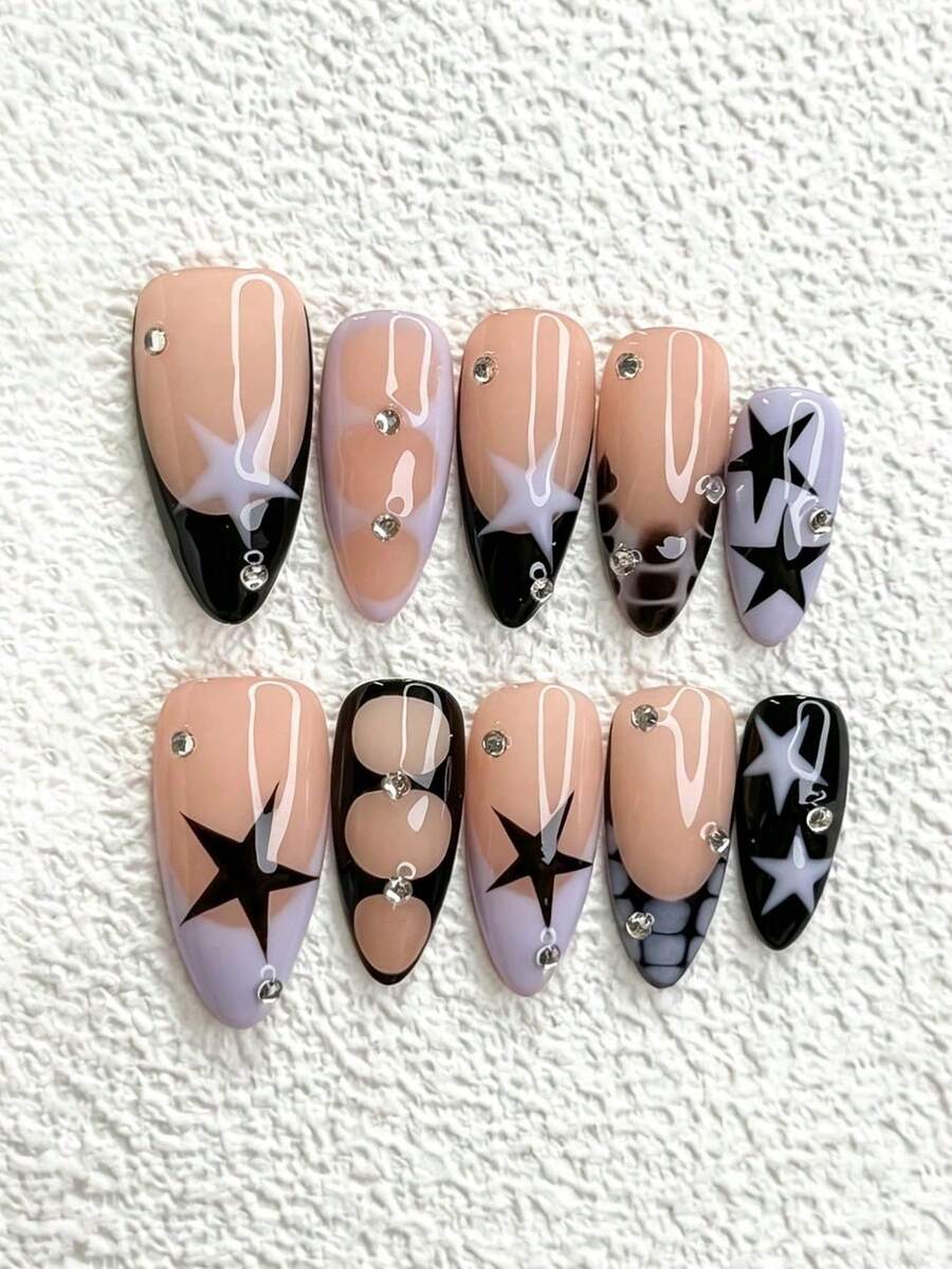 10pcs Autumn/Winter Y2K-Style Press-On Nail Tips Featuring A Star ...