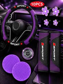 10Pcs Car Interior Accessories Set, Sport Quilted Steering Wheel Cover, Seat Belt Pads, Daisy Air Vent Clips, Cup Coasters, Bling Start Stop Button Cover, Universal Auto Interior Decor Kit For Most Cars - Multicolor - View 15