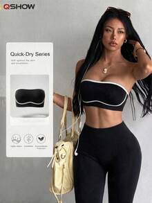 Women's Seamless White Striped Sports Bra & Yoga Pants Set, Bandeau Top 2 Pieces Set, Fitness Training Outfit, Gym Slim Fit Activewear Set - Black - View 3
