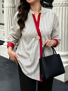 Plus Size Women's Elegant Striped Contrast Placket Shirt, Stand Collar Gold Button Contrast Cuff, Simple Chic Commute Office Casual Blouse - Multicolor - View 4
