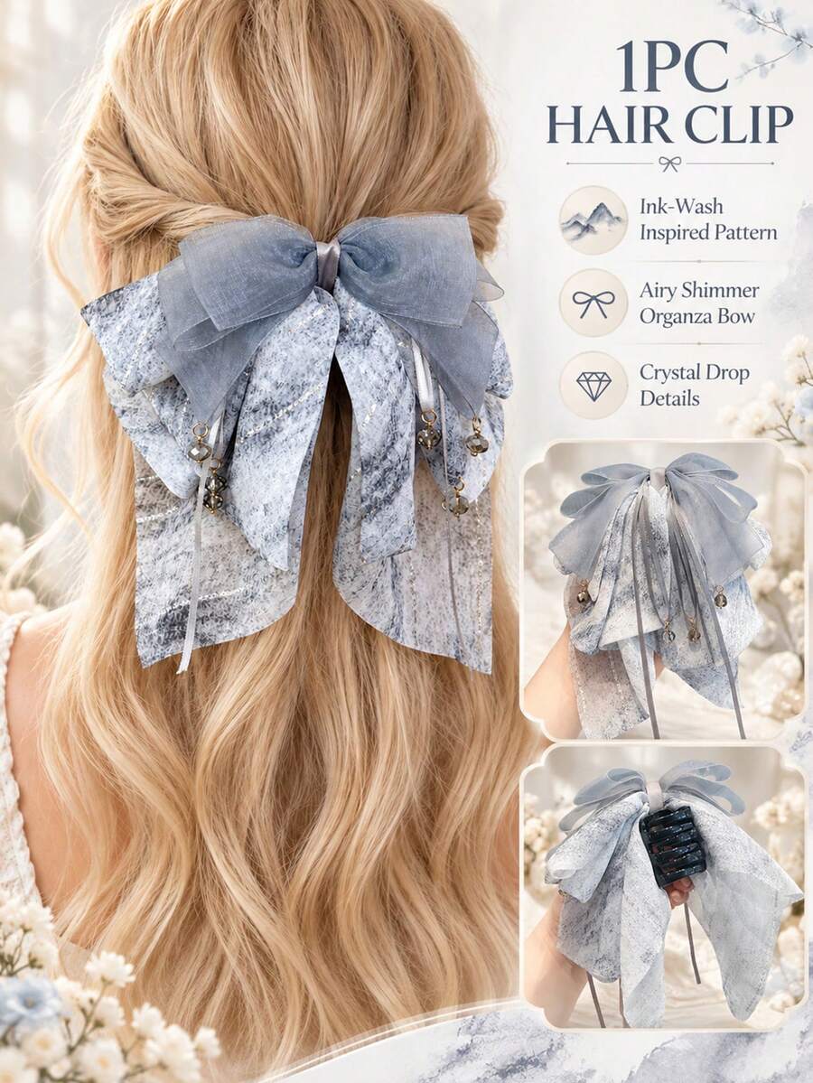 topshiny 1pc Cool Gray Ink Wash Glitter Yarn Crystal Ribbon Large Bow Hair Claw For Women, Gentle Back Head Updo Hair Accessory