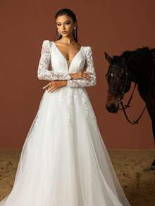 HEARBOBO Elegant Boho Wedding Gown Long Sleeve Deep V Neck Lace Mesh Bridal Dress - White - View 3