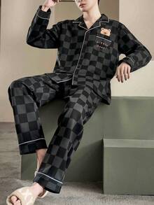 2pcs/Set Men's Pajamas Homewear Set, Lapel Cardigan Cute Animal Print Couple Style Long Sleeve Long Pants, Easy Care Fabric (Random Print) - Blue and White - View 4