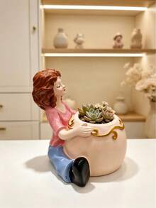 Cute Resin Girl Hugging Pot Succulent Planter, Creative Character Flower Pot, Indoor Window Sill Desktop Garden Decor Gift - A - View 3