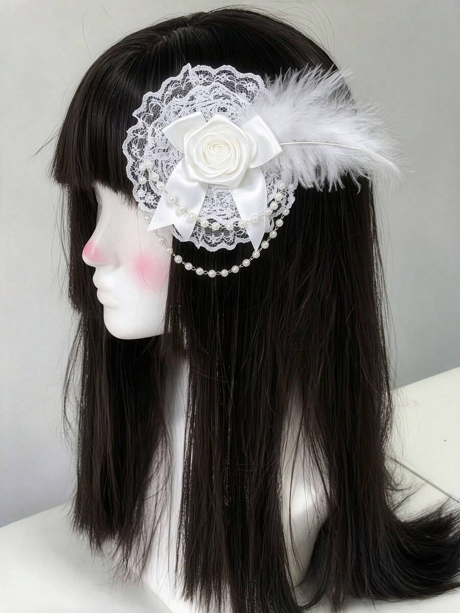 1件優雅蕾絲飾邊髮夾 時尚玫瑰花蝴蝶結緞帶 Lolita 髮夾 女款時尚 Cosplay 髮飾 - 彩色 - 查看 1