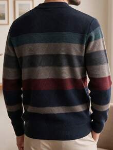 Size Runs Small, Please Check Size Chart, Men's Winter Thick Striped Knit Sweater, Business Casual Commute Men's Crew Neck Knit Top - Dark Grey - View 7