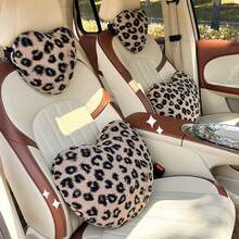 Winter New Heart-Shaped Car Headrest Neck Pillow, Car Seat Back Cushion, Leopard Print Heart Bow Car Interior Decoration Lumbar Support - A - View 2