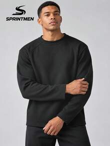 1pc Black Raglan Sleeve Crew Neck Men's Sweatshirt, Long Sleeve Top, Sporty Style, Machine Washable, Suitable For Outdoor Jogging, Court Training, Fitness Workout, Club Outings, Daily Sports Commute - Black - View 2