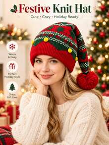 1PC Christmas Tree Knit Elf Hat For Women, Red Green Pom Pom Long Beanie, Warm Holiday Party Costume Hat - A - View 3