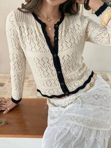 Women's Autumn Winter Contrast Black Trim Hollow Knit Cardigan, Long Sleeve Button Argyle Sweater, Ruffle Hem For Date, Casual & Street Style Outfits - White - View 2