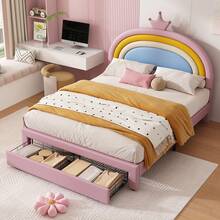 Padded Children's Bed 140 X 200 Cm, Pink, With Rainbow Crown Headboard, Height Adjustable To 2 Levels, Drawer At The Foot, Easy-To-Clean PU Cover And Load Capacity Up To 220 Kg - Pink - View 2
