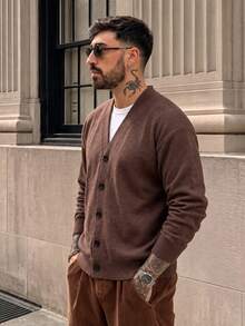 Lookun Men's Knitted Cardigan V-Neck Drop Shoulder Commuter Minimalist College Sweater Autumn/Winter - Brown - View 4