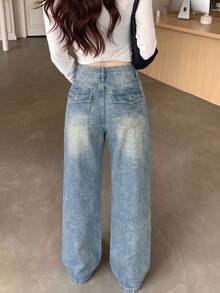 Relaxed Straight Leg Vintage Washed Loose Fit Casual Jeans For Women, Autumn - Blue - View 6