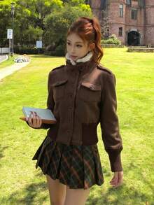 French Vintage Old Money Style Elegant Coffee Color Fur Collar Short Jacket Women Autumn Winter High-End Warm Overcoat - Brown - View 2
