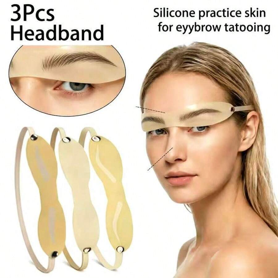 3PCS Wearable Eyebrow Practice Skin Headband, 3D Realistic Silicone Fake Skin, Microblading PMU Training Pad, Adjustable Reusable Brow Practice Pad, Easy Mapping Lining Shading For PMU Beginners - Multicolor - View 1