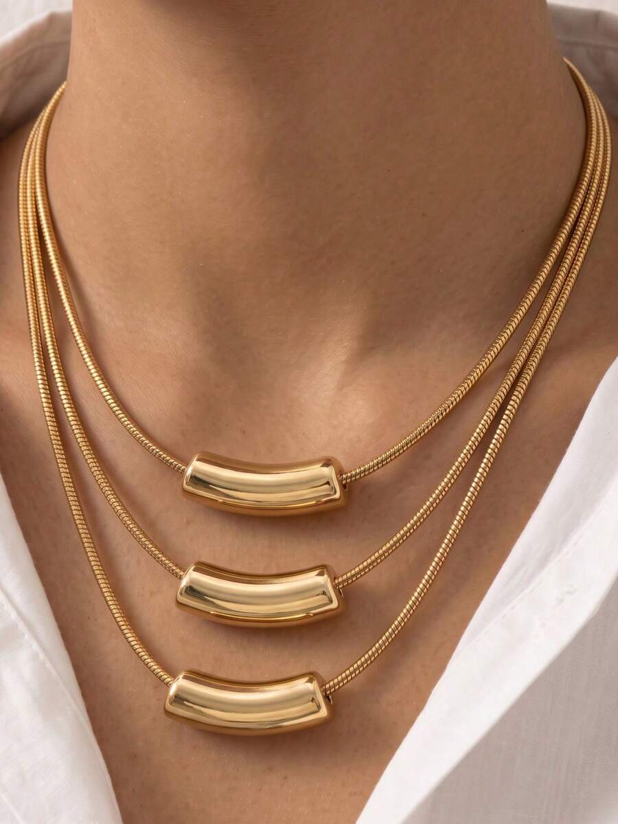 1pc Fashionable Exquisite 3-Layer Flat Snake Chain With Ball Pendant Layered Collarbone Necklace, Suitable For Women's Daily Wear, Holiday Gift And Birthday Gift - Golden Yellow - Round Snake - View 1