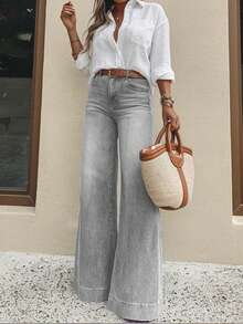Women's Petite Washed Stretch Denim Pants, Suitable For Commuting In All Seasons, Flared Leg Jeans - Light Grey - View 8