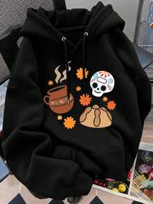 1 Pieza Sudadera con capucha negra para mujer diseño gráfico Día de Muertos y pan de muerto estilo casual aesthetic cálida y cómoda para festival de otoño - A - Ver 1
