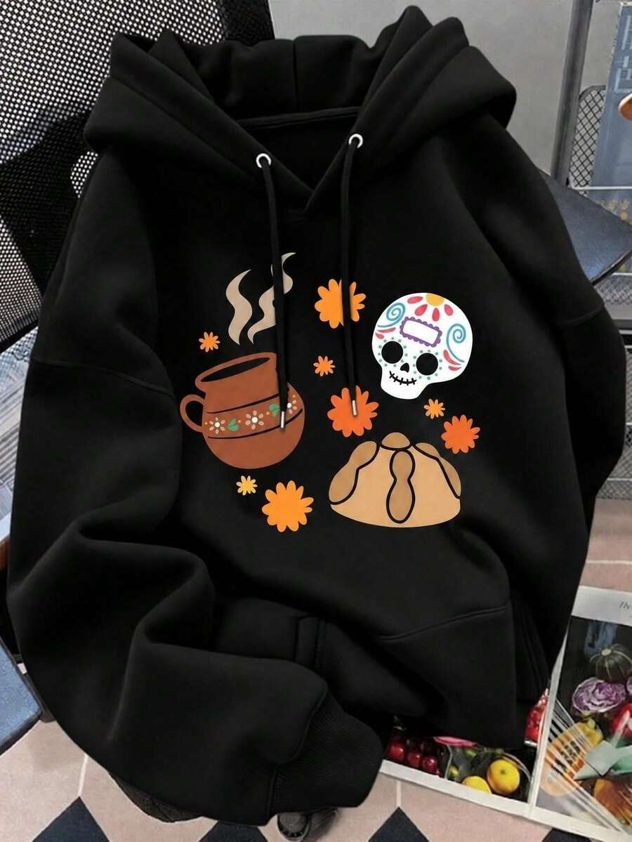 1 Pieza Sudadera con capucha negra para mujer diseño gráfico Día de Muertos y pan de muerto estilo casual aesthetic cálida y cómoda para festival de otoño - A - Ver 1