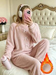 2pcs Women's Soft Plush Round Neck Long Sleeve Pajama Set, Bow Decor Loose Pants, Autumn/Winter Loungewear - Pink - View 3
