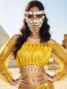 Sequin Off Shoulder Sheer Mesh Crop Top Tassel Hem, Coin Chain Metal Face Veil Covering, Coin Face Jewelry Performance Wear, Multi-Color Available - Multicolor - View 1