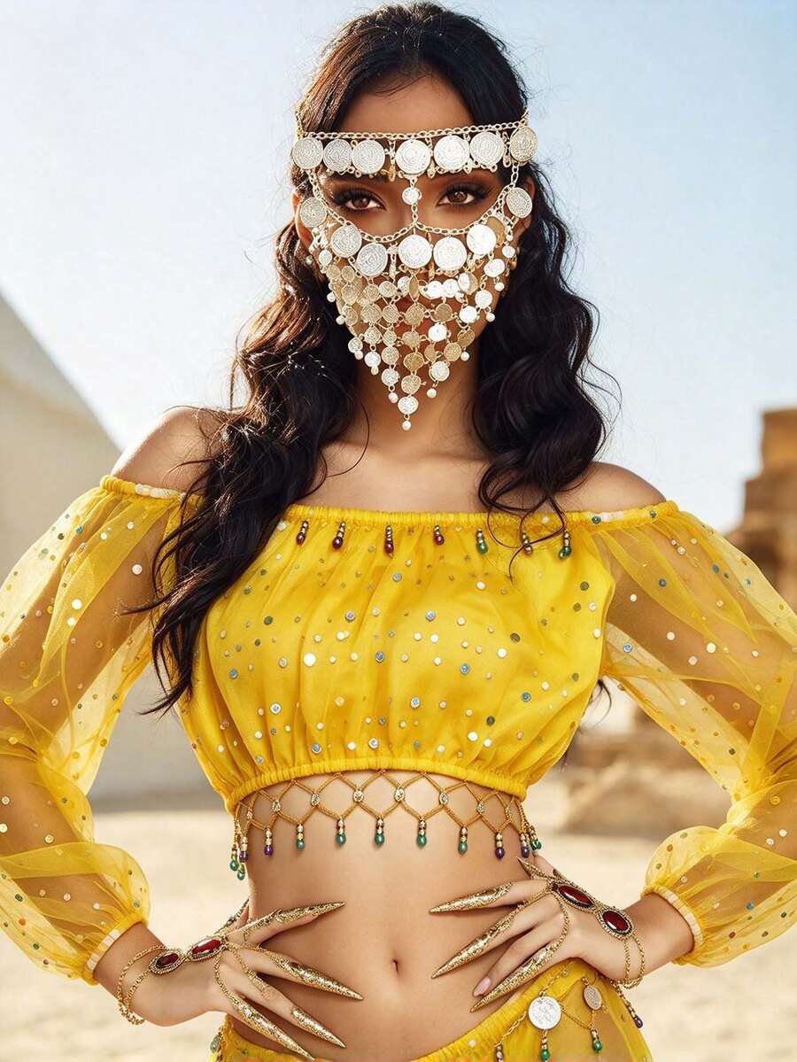 Sequin Off Shoulder Sheer Mesh Crop Top Tassel Hem, Coin Chain Metal Face Veil Covering, Coin Face Jewelry Performance Wear, Multi-Color Available - Multicolor - View 1