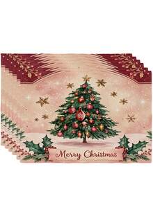 4 Pcs Vintage Pink Christmas Tree Placemats Holly Berry Snowflake Merry Christmas Table Mats For Holiday Dining Table Decor - Pink - View 11