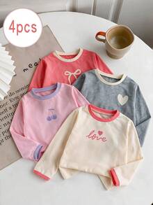 Girls Casual Short Sleeve T-Shirt Heart Bow Cherry Print Top 4pcs Set - Multicolor - View 1
