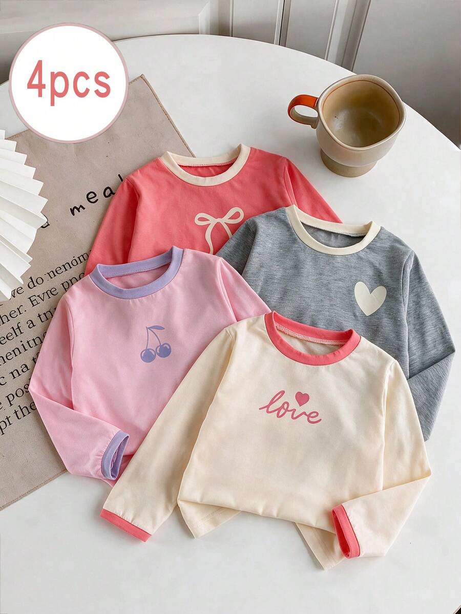 Girls Casual Short Sleeve T-Shirt Heart Bow Cherry Print Top 4pcs Set - Multicolor - View 1