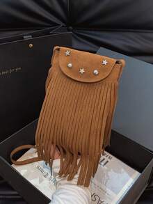 Tas Selempang Kecil Minimalis Bohemian Bergaya Vintage dengan Rumbai Dua Sisi, Warna Matte. - Coklat - View 5