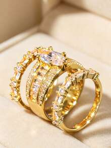 3PCS Women's Stackable Fashion Sparkling Exquisite Combination Rings, Marquise Zirconia Main Ring Paired With Trapezoid Cut Inlaid Side Rings, Light Luxury Bridal Style Jewelry, Suitable For Ceremonies, Dates And Daily Wear, Romantic Holiday Gift For Her - Fashion - View 1