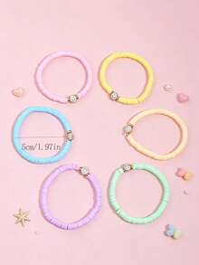6pcs/Set Gelang Persahabatan Elastis Manik-manik Tanah Liat Lembut Warna Permen Lucu untuk Anak Perempuan, Liontin Wajah Tersenyum, Hadiah Pesta Sehari-hari - MultiWarna - View 3