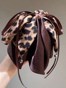 topshiny 1pc Leopard Print Satin Bow Ribbon Hair Claw Clip, New Women's Half-Up Ponytail Hair Claw For Back Of Head - Multicolor - View 11