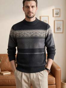 Men's Grey Striped Sweater, Business Casual Commuter Inner Layer Top, Autumn/Winter Round Neck Thick Knit Cardigan - Grey - View 3