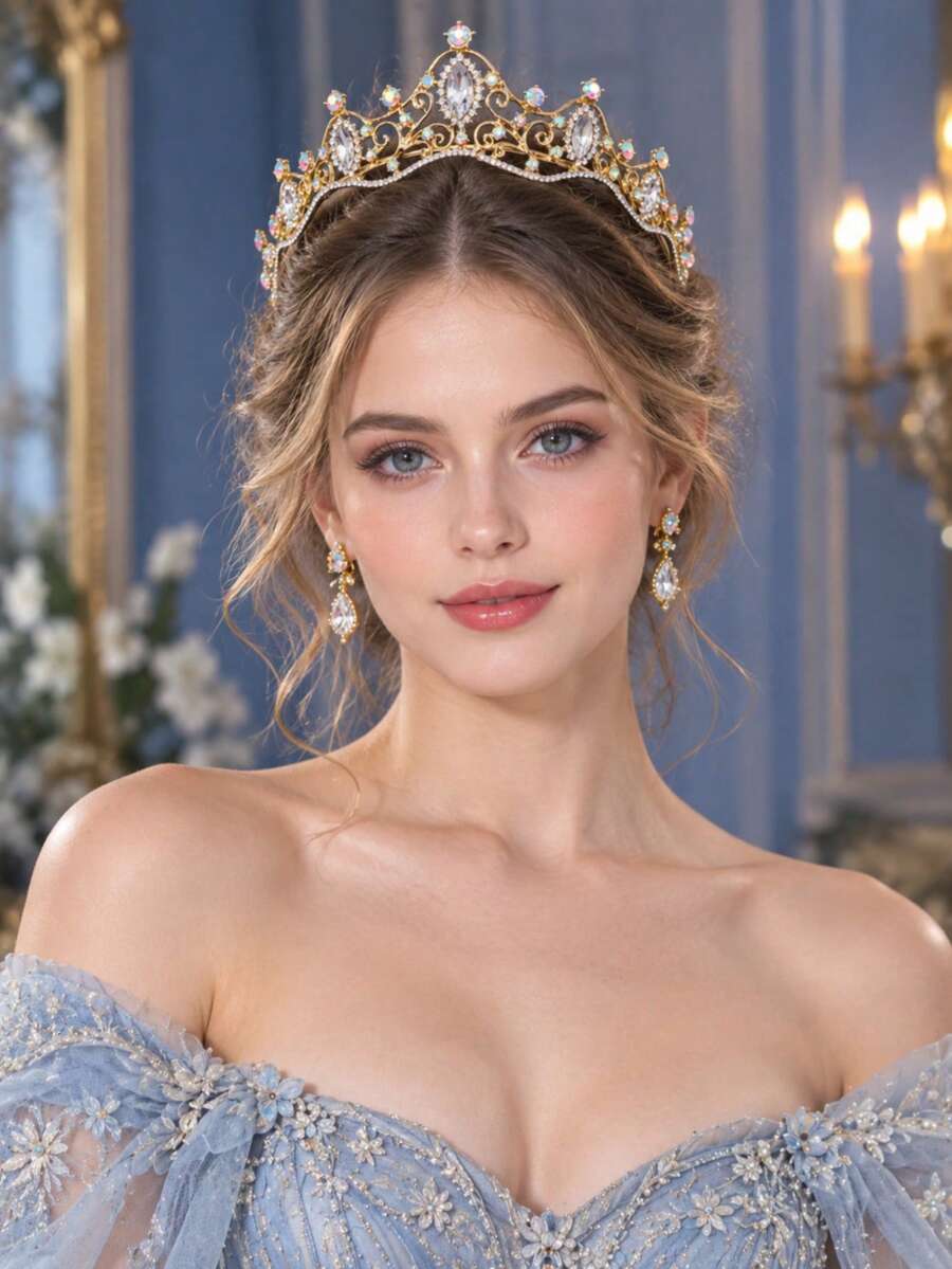 1件歐美風新娘金色水鑽皇冠 婚紗禮服拍照用髮飾髮冠