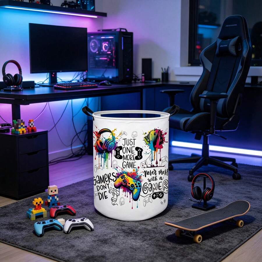 1PC Collapsible Gaming Controller Graffiti Print Laundry Basket, Cool Gamer Themed Storage Hamper, Multifunctional Organizer For Dirty Clothes, Toys And Sundries, Ideal Home Decor And Bedroom Decor - Multicolor - View 1