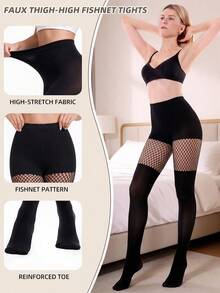 1pc Women's Patchwork Fishnet Tights, Diamond Mesh Pattern On Thighs, Sexy Personalized Outfit Base Layer - Black - View 3
