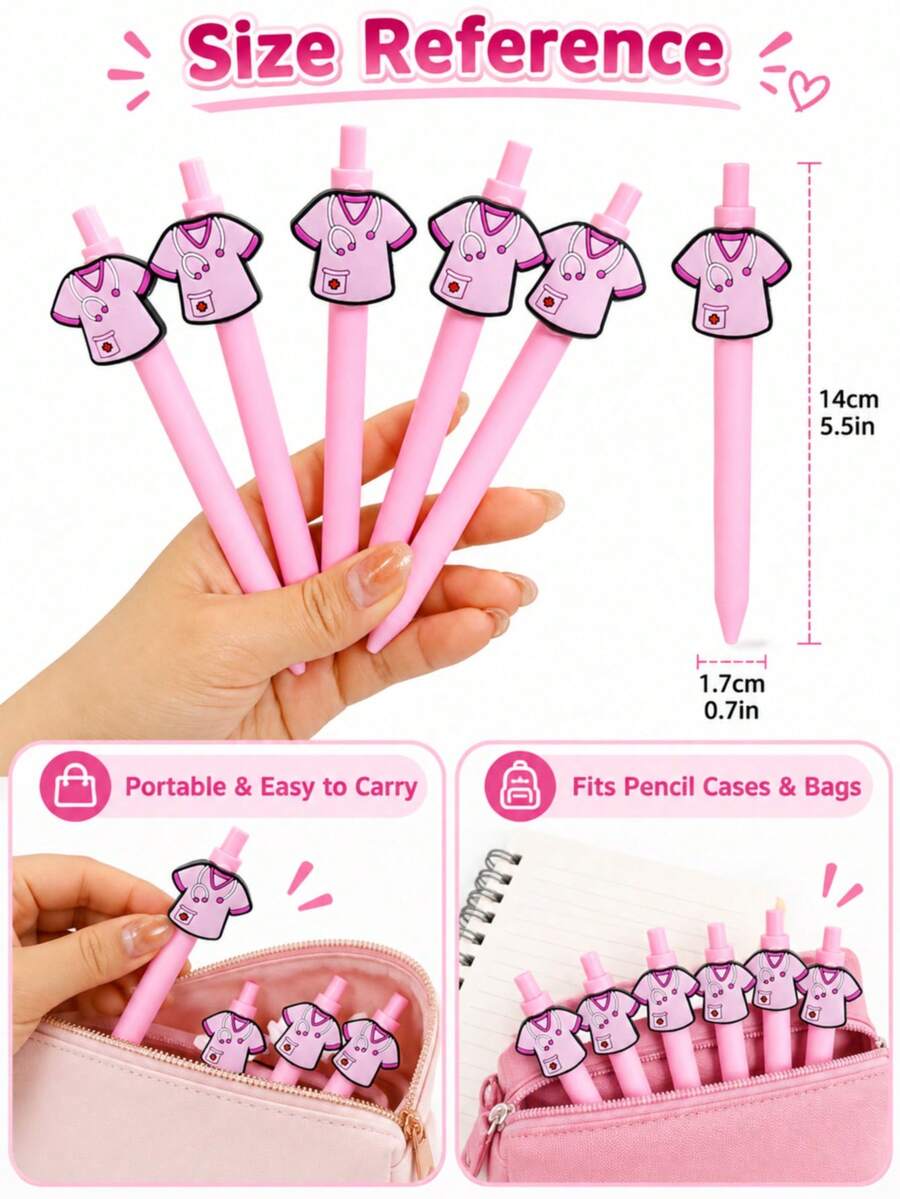 5pcs Pink Nurse Theme Ballpoint Pens, Cute Medical Scrub Uniform Design Click Pens, Smooth Writing Stationery Gift For Students And Office - Sets - View 1
