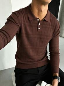 Men's Autumn/Winter Fashion Versatile Solid Color Casual Plaid Collar Long Sleeve Sweater Suitable For Daily Commute - Brown - View 2
