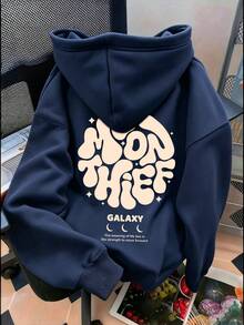 Women's Hooded Sweatshirt, Autumn/Winter New Letter Print, Drawstring Design, With Pockets, Casual Versatile Loose Top, Fashionable Daily Wear - Navy Blue - View 7