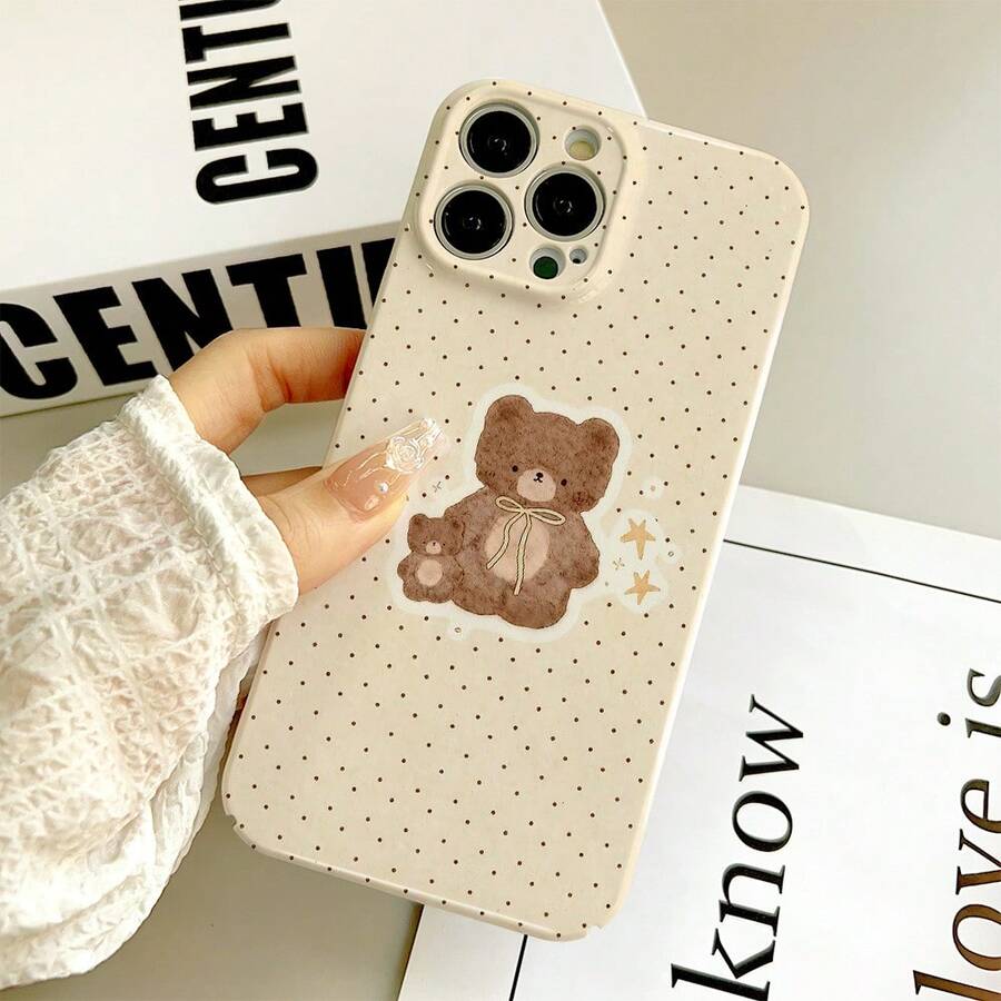 1PC Cream White Background Small Polka Dot Watercolor Bow Bear Star Phone Case, Compatible With IPhone17/17Pro/17ProMax/16/16Plus/16ProMax/16e/15ProMax/11/12/12Pro/12ProMax/13/13Pro/13ProMax/14/14Pro/14ProMax, Full Coverage Anti-Drop Soft Shell - Film-fine Hole - View 1
